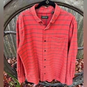 Orvis Men’s Long Sleeve Button Down Cotton & Merino Shirt‎ (Coral & Gray Plaid)